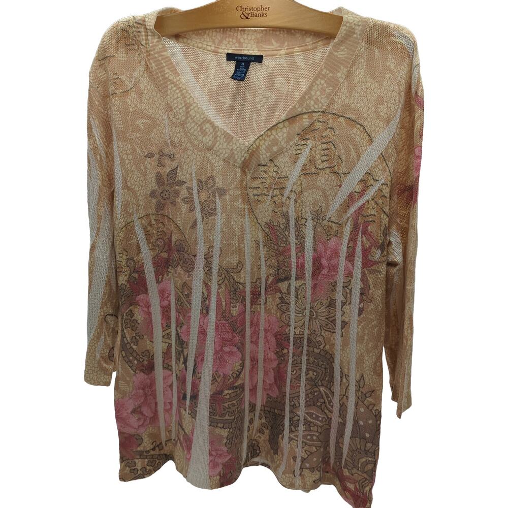 westbound XL Beige Pink Floral V-Neck Top